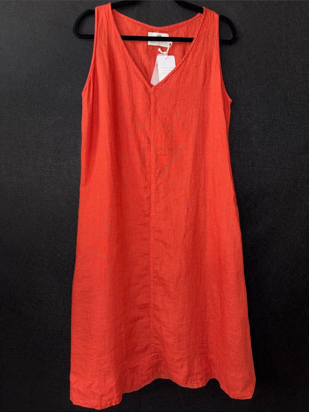 Fabulous NYC 100% Linen Sleeveless V-Neck Midi Dress in Burnt Orange Pockets S